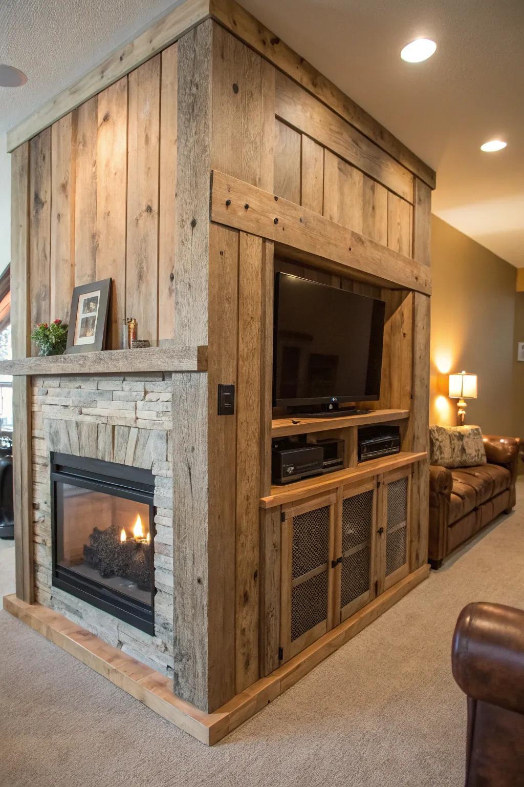 Reclaimed wood adds a rustic charm to this cozy entertainment center.