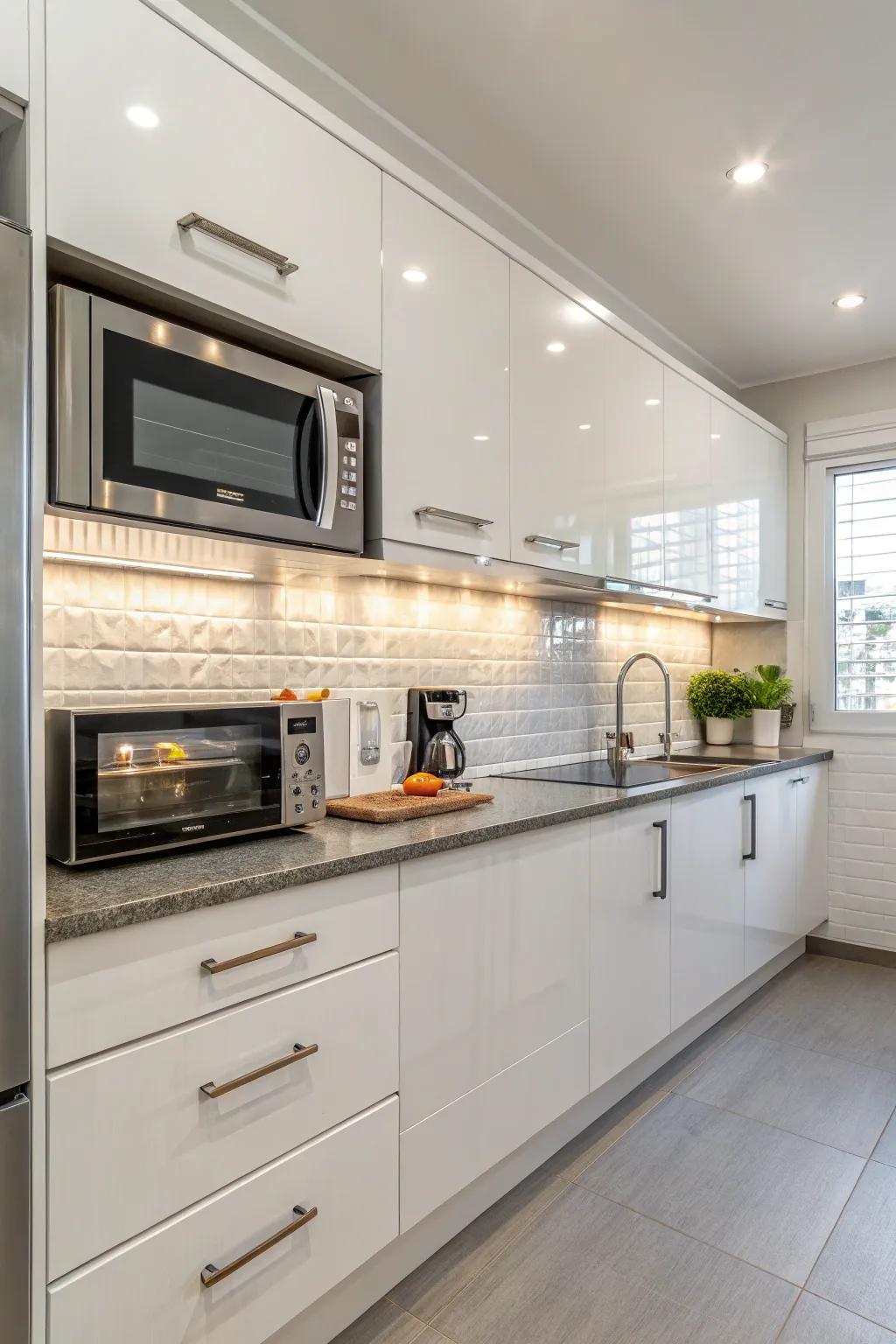 Modern kitchen featuring a horizon-level microwave set into the overhead cabinets.