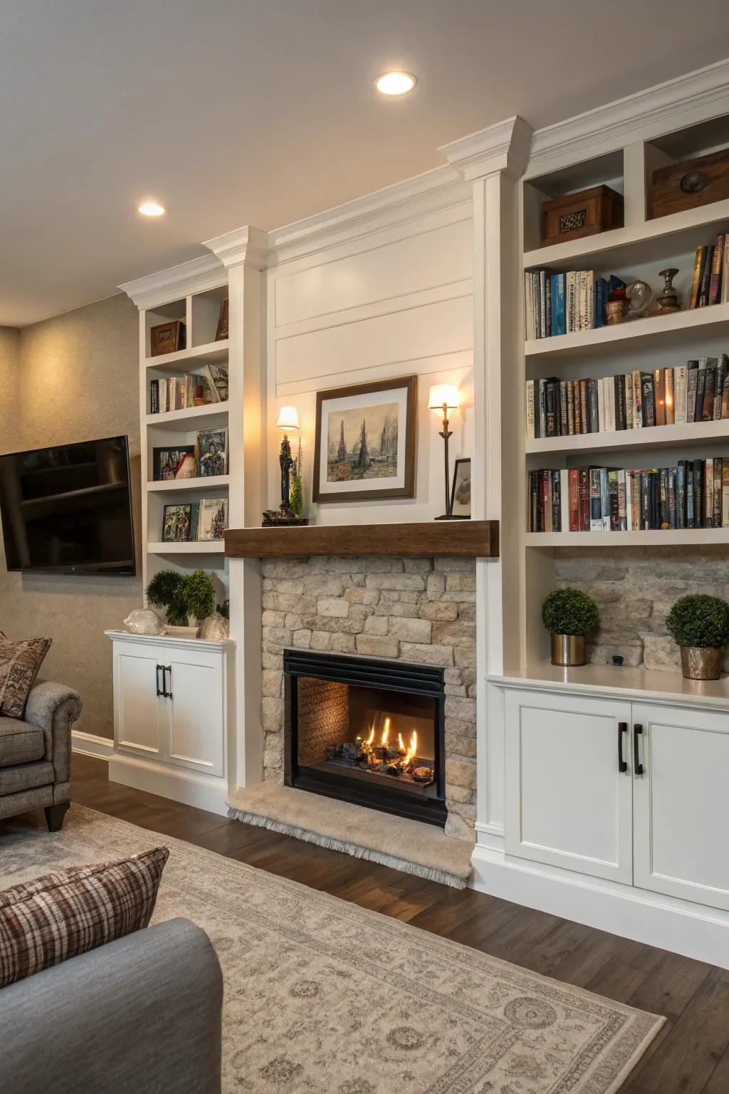 Shelving built into the fireplace creates a comfortable and welcoming atmosphere.