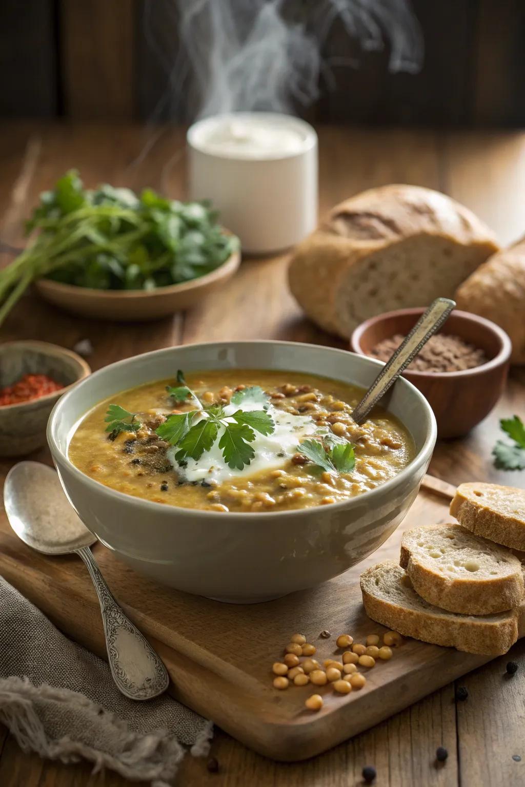 A creamy lentil soup with a hint of coconut for a cozy meal.