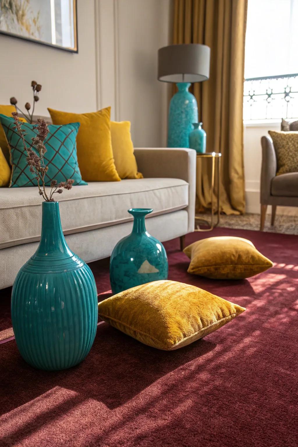 Strong highlight tones like cyan and golden yellow craft a lively comparison with the maroon carpet.