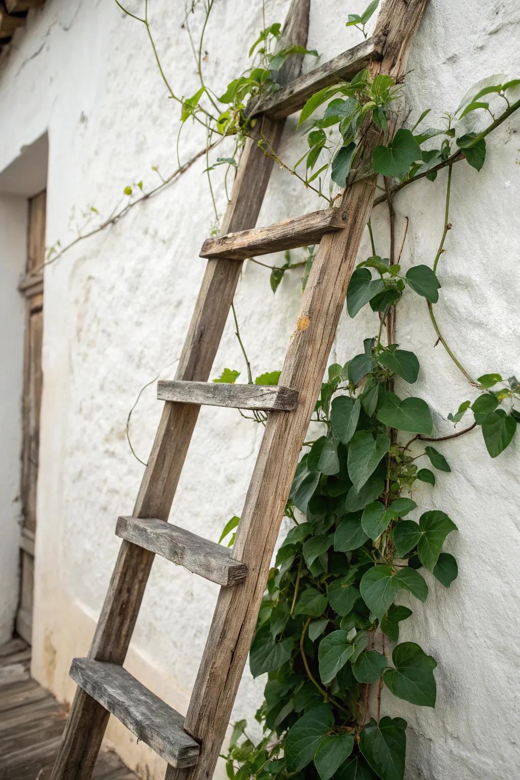 Transform an old ladder into a charming bush bean trellis for a touch of rustic elegance in your garden.