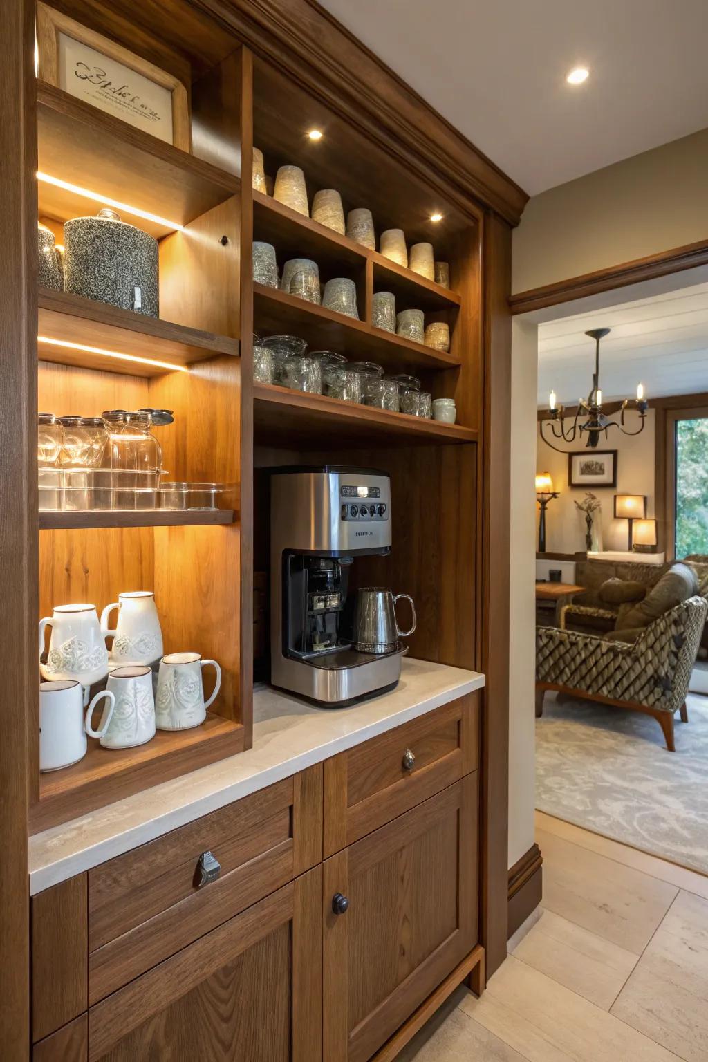 A warm service kitchen featuring an integrated drink station for rejuvenating morning routines.