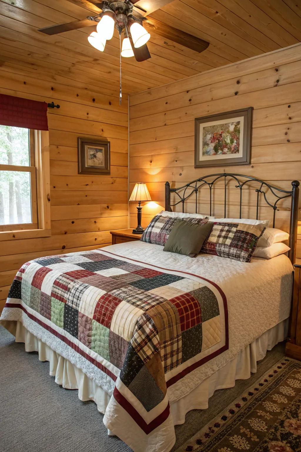 Layered textiles bring warmth and character to cabin bedrooms.