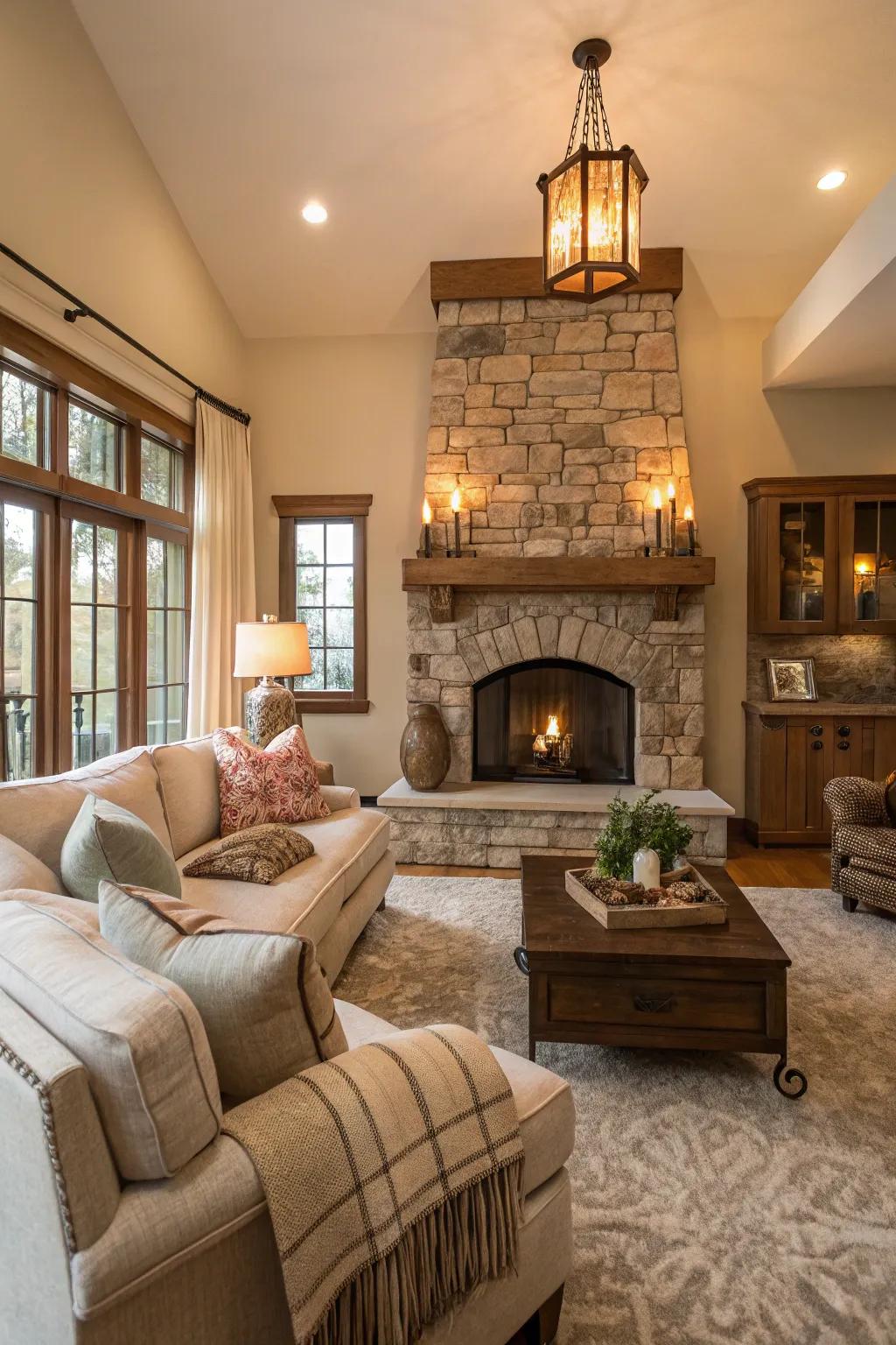 A living area built around a rock-built hearth, enveloping one in warmth and tranquility.