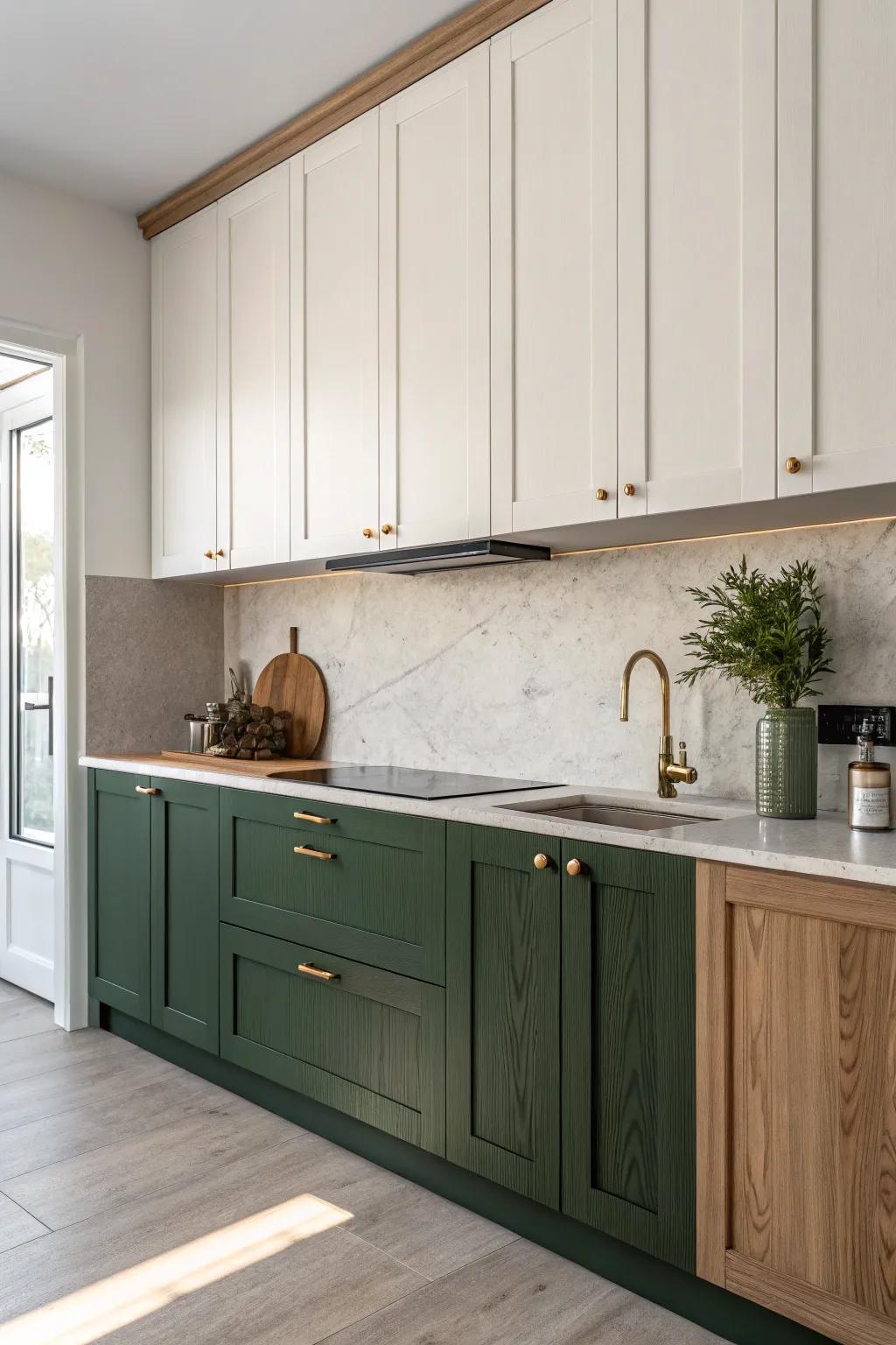 Elevate your kitchen with chic two-tone cabinets that blend minimalist elegance with boho flair.