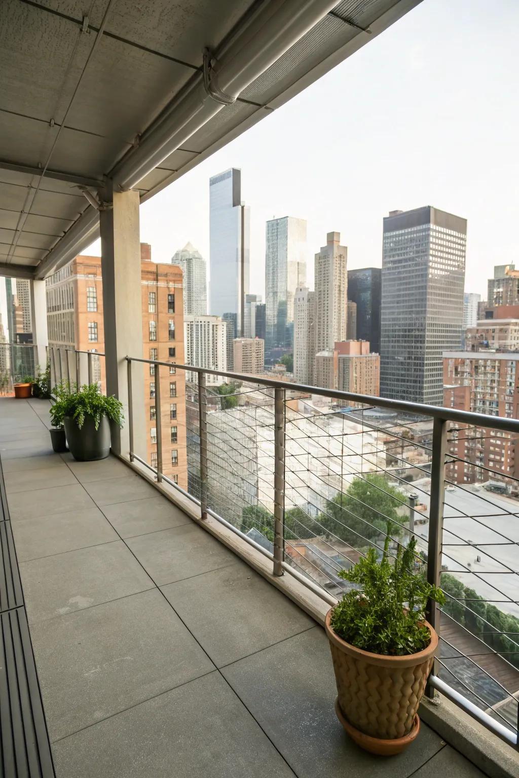 Chic urban balcony featuring cable railing
