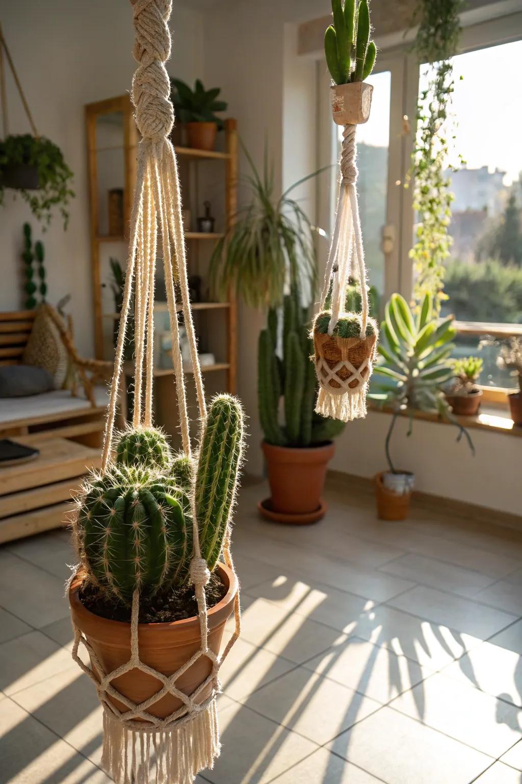 A bohemian hanging garden with cacti in macrame hangers.