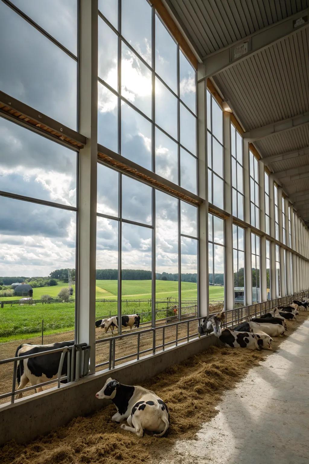 Sunlight streaming into a calf barn, creating a warm and inviting space.