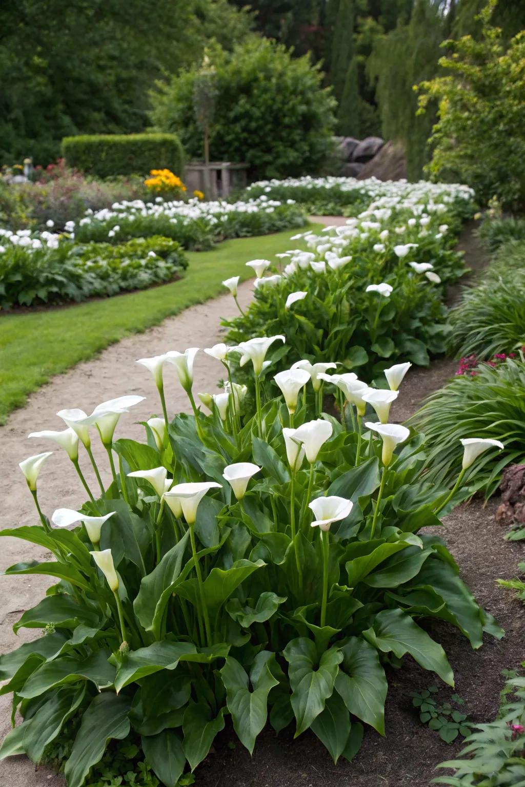 Calla lilies arranged in uneven clusters to create a striking visual impact.