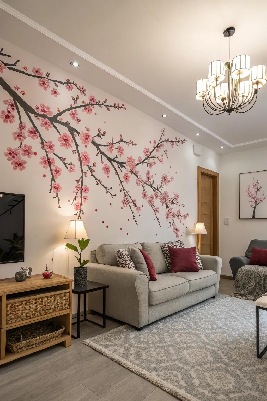 Cherry blossom decals transform this living room into a spring haven.