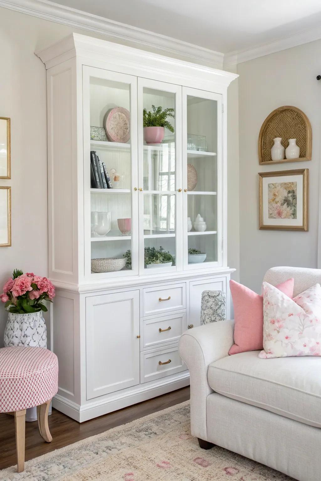 A modern, bright display hutch in an airy living space.