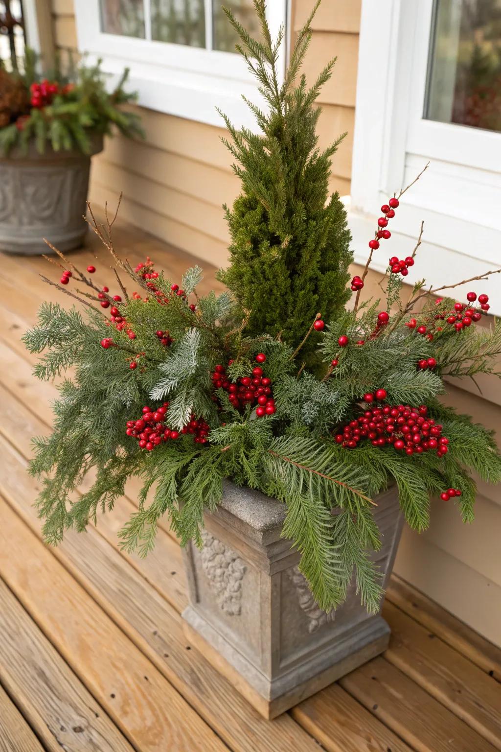 Red berries add a classic holiday touch to your planters.