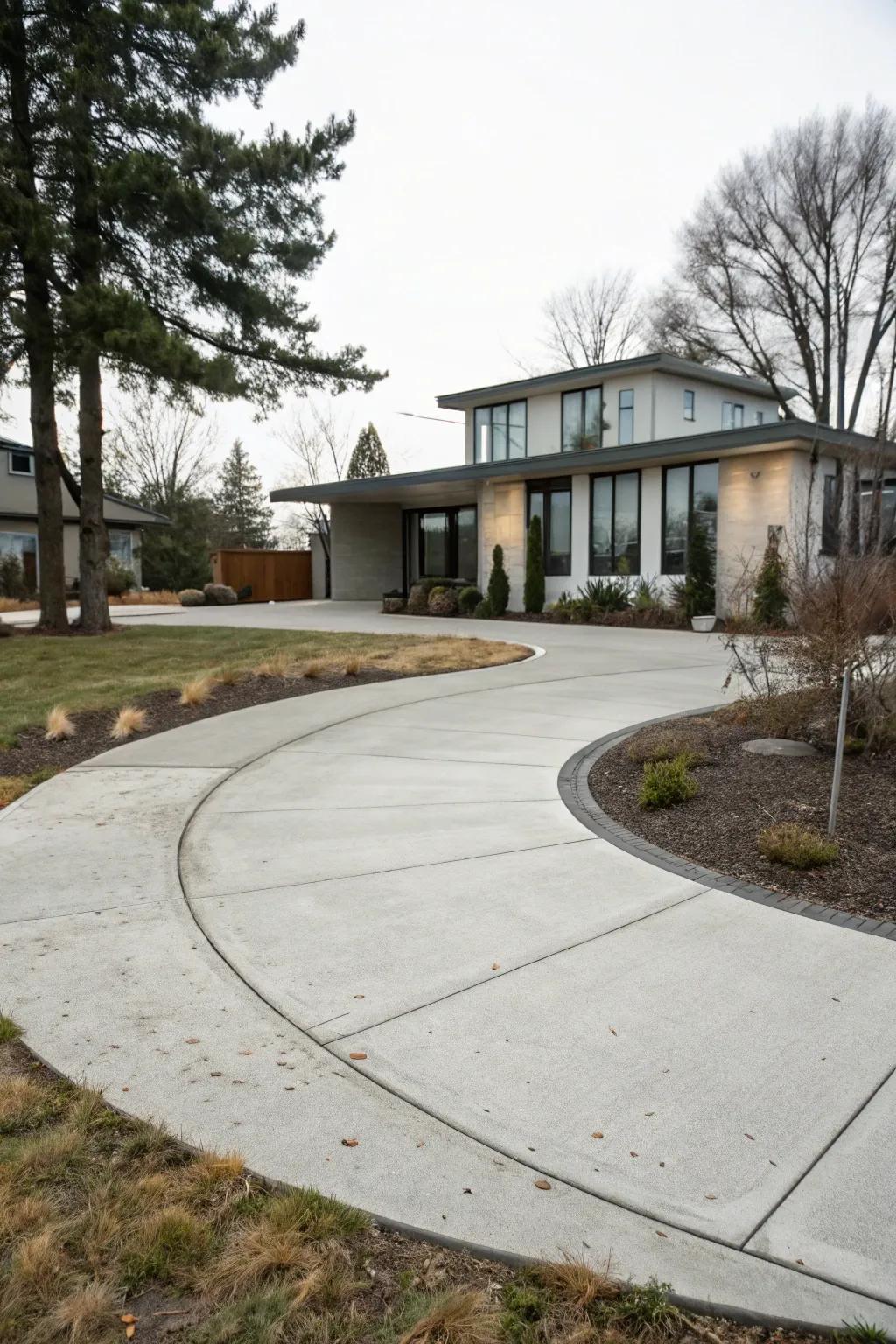 A sleek, minimalist concrete driveway with modern vibes.