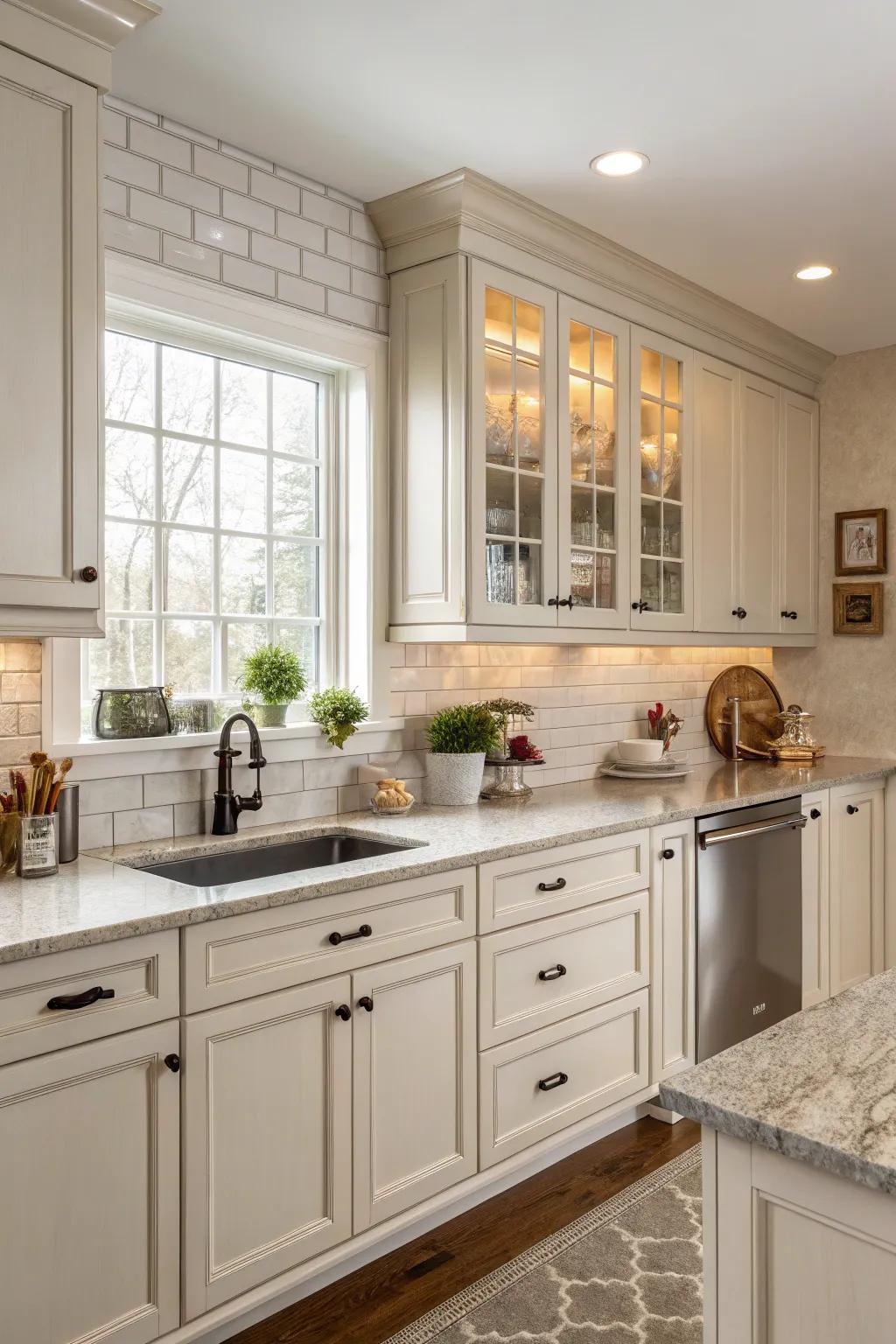 Subdued shades craft a serene and timeless kitchen scenery.
