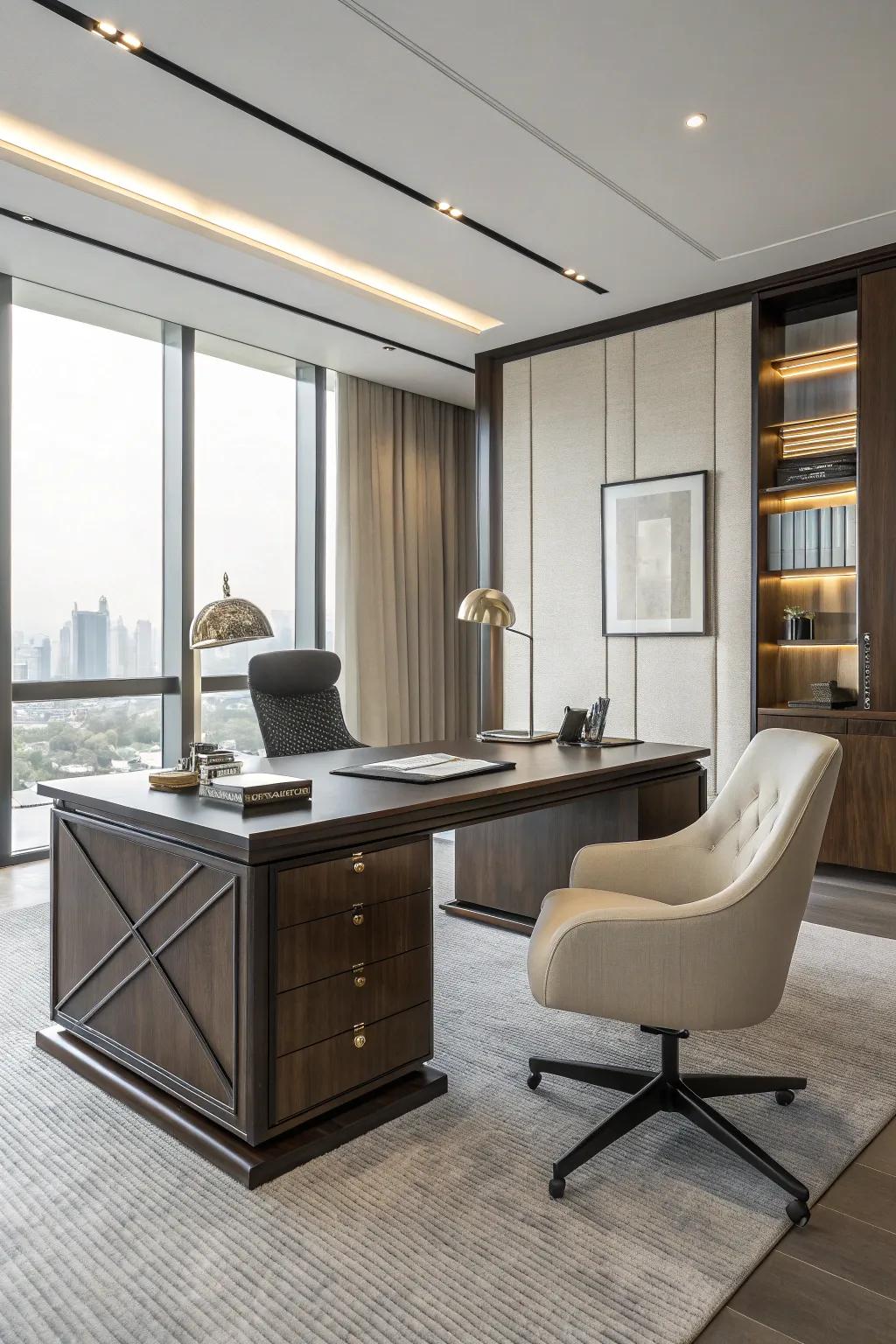 A standout desk in deep wood transforms into the visual anchor of a sophisticated office.