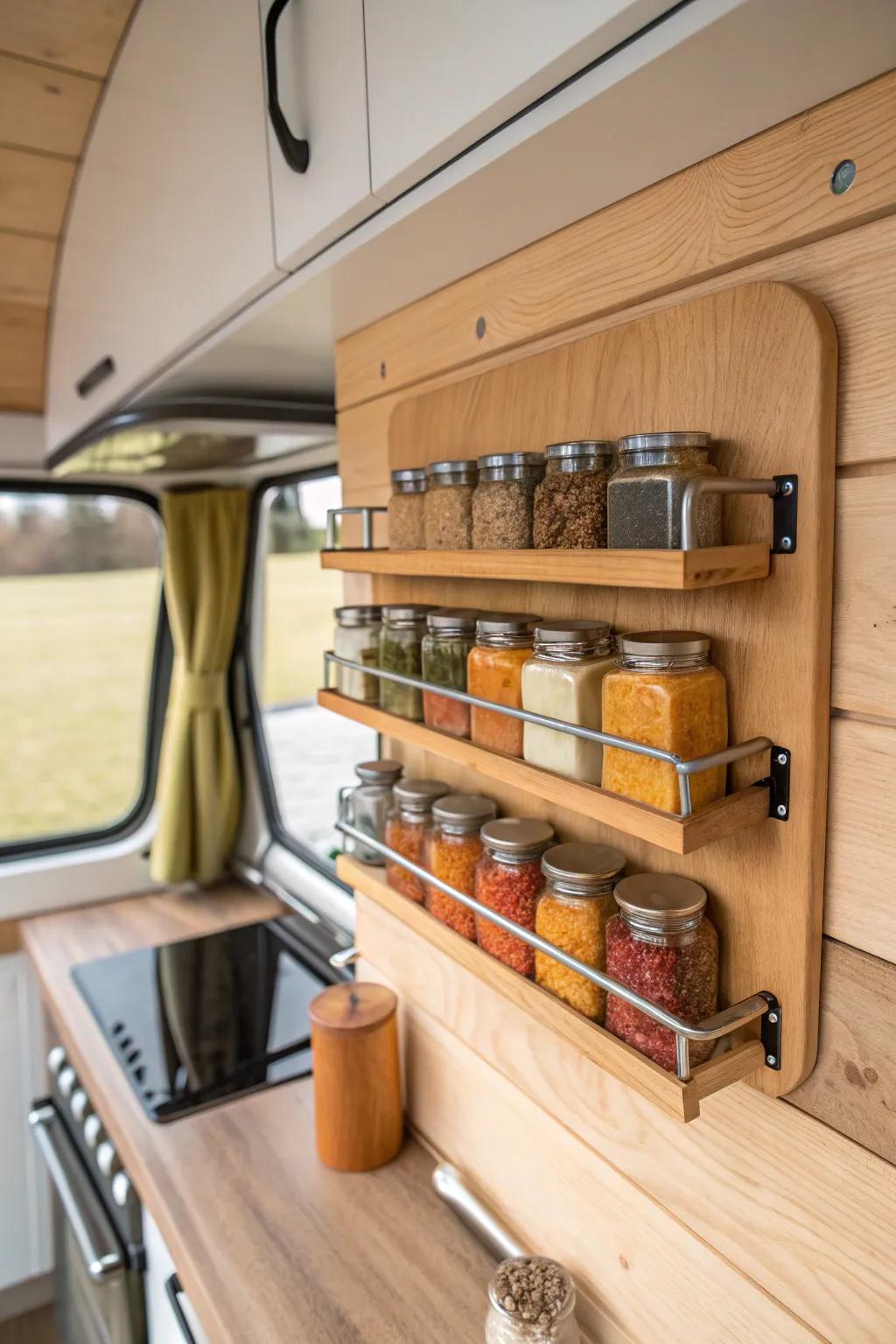 Elevate your campervan kitchen with a magnetic spice rack that blends functionality and style. 🌿✨