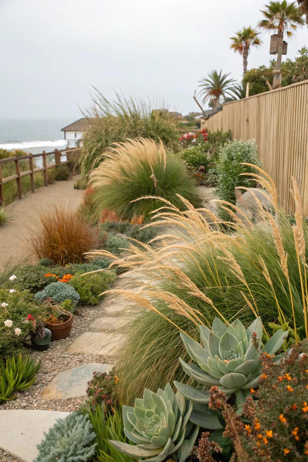 Ornamental grasses and succulents bring the ocean's edge to your garden.