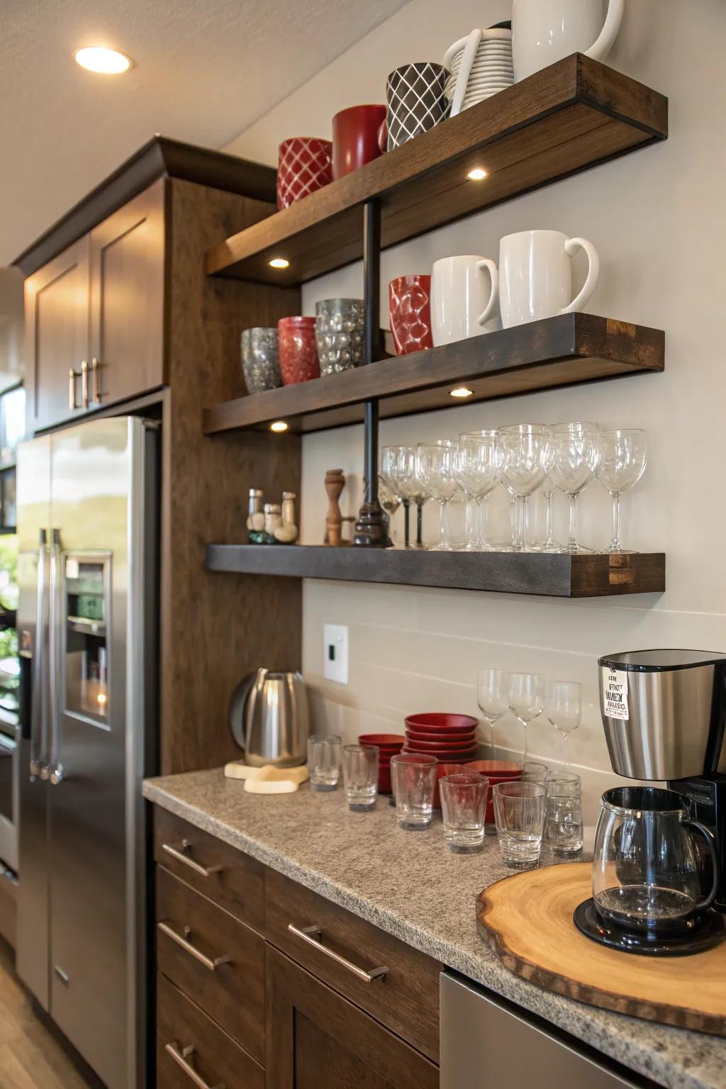 Wall-mounted shelves provide practical storage and stylish display.