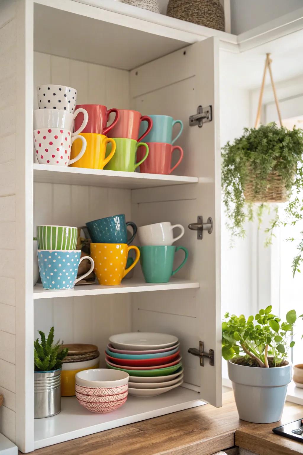 Open shelving displaying an assortment of colorful cups.