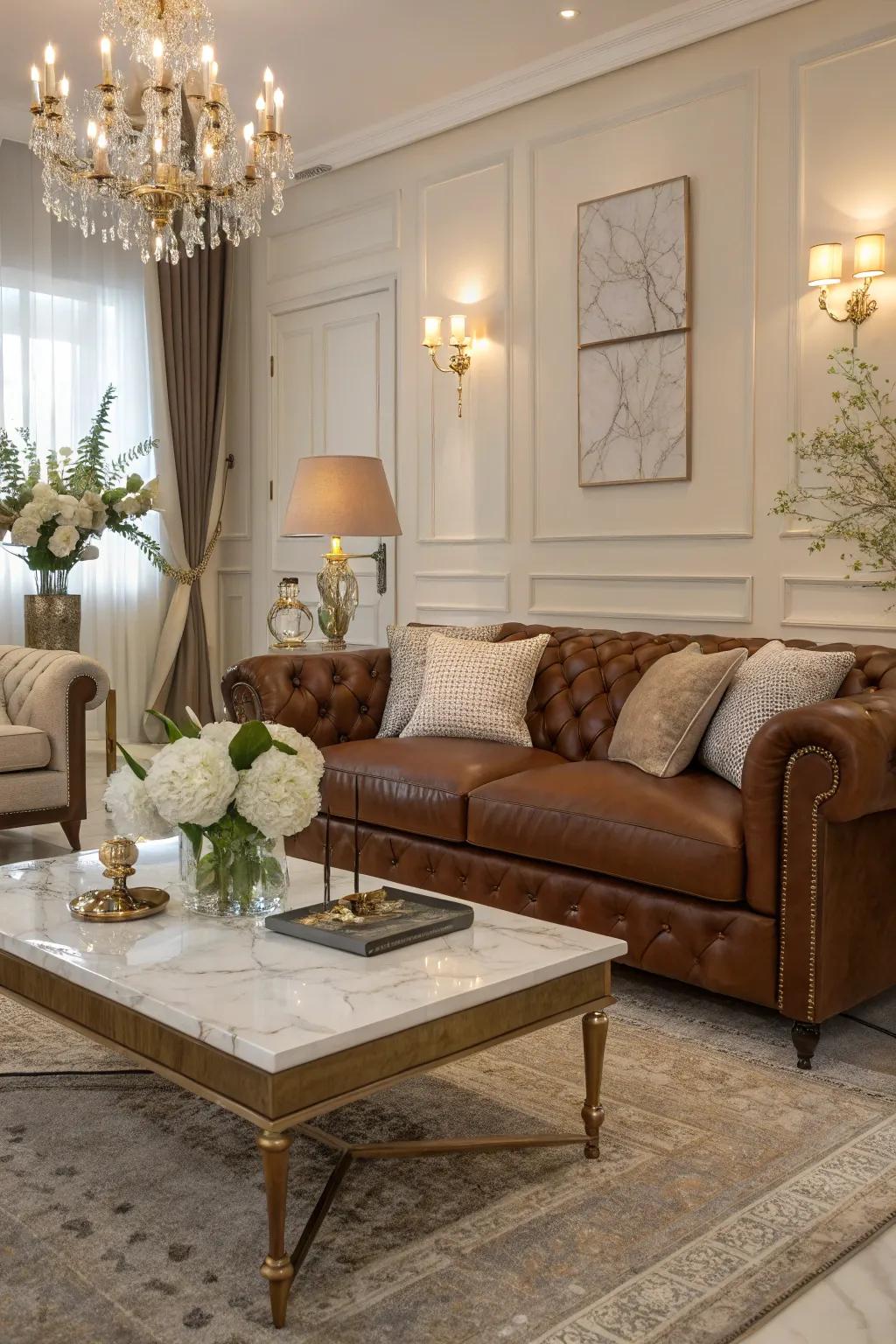 The mix of stone and leather crafts a luxurious yet welcoming atmosphere.