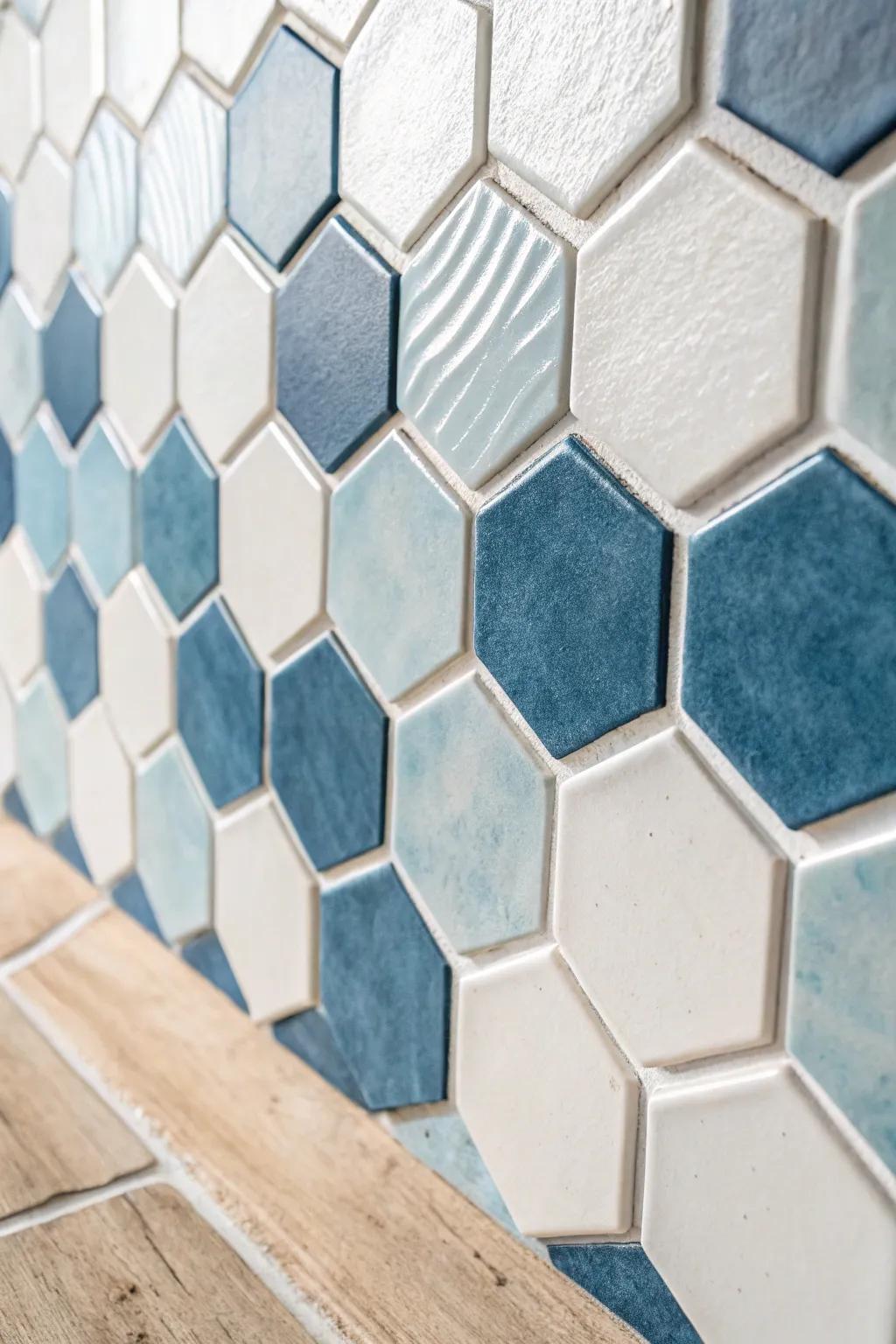 Embrace the beauty of geometric elegance with hexagon mosaic tiles in soothing blues and whites.
