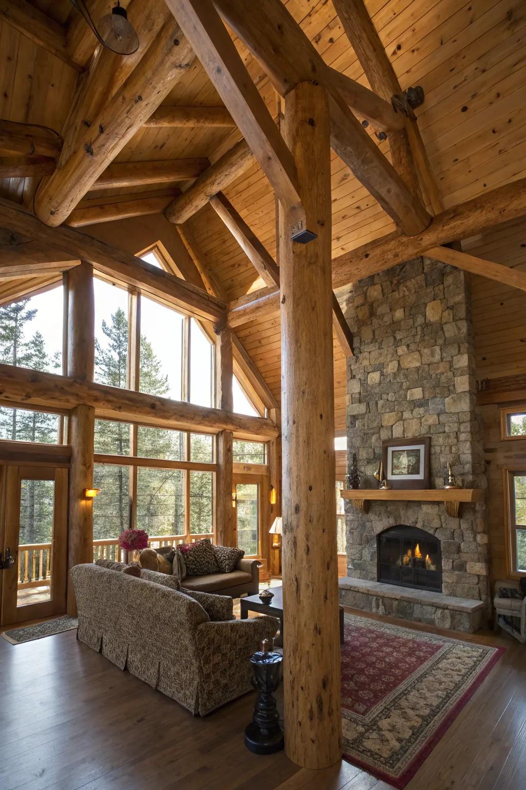 Natural tree-trunk pillars adding warmth and character to a cabin-style living space.