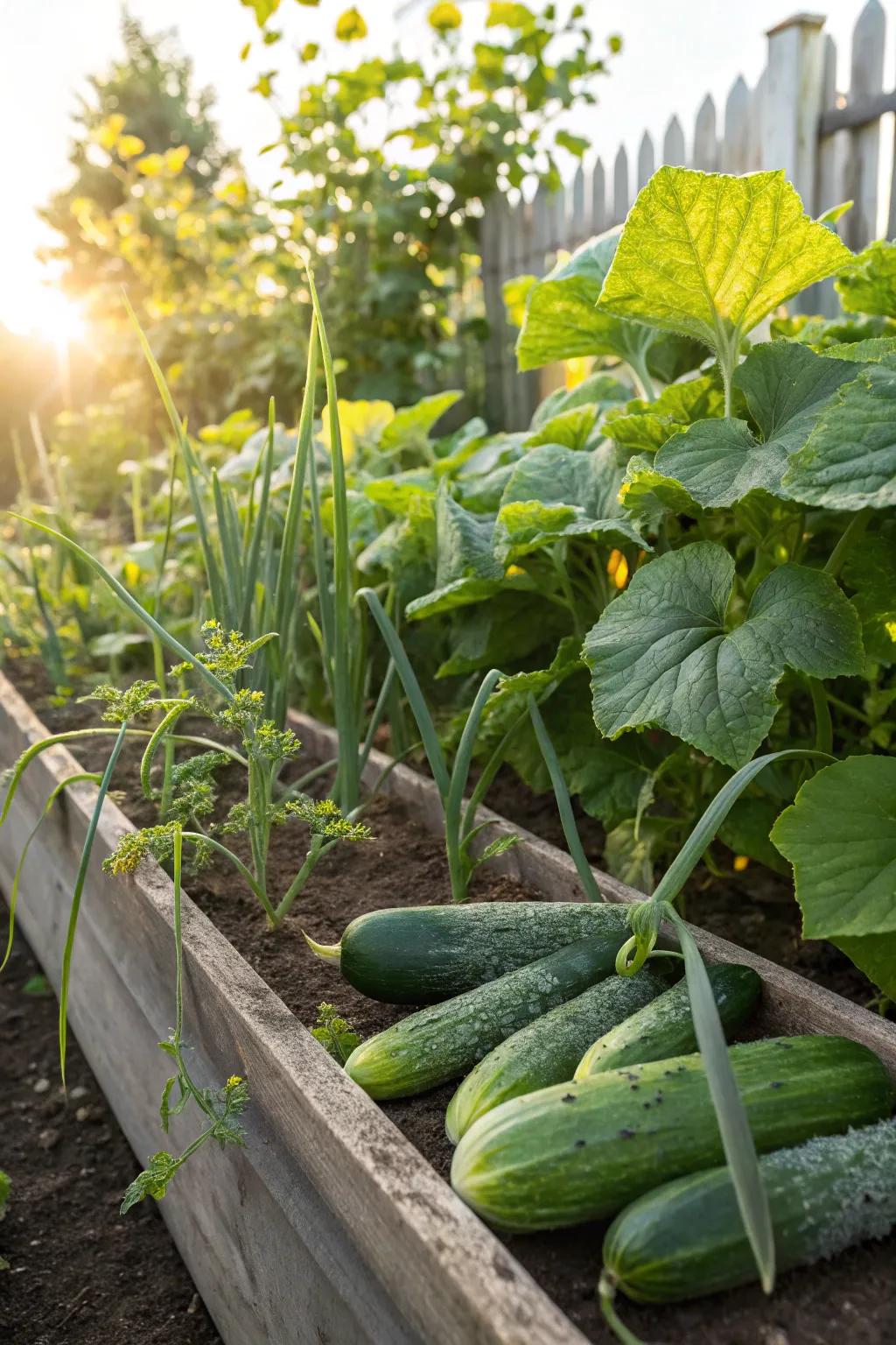 Cucumbers and onions grow side by side, preventing pests.
