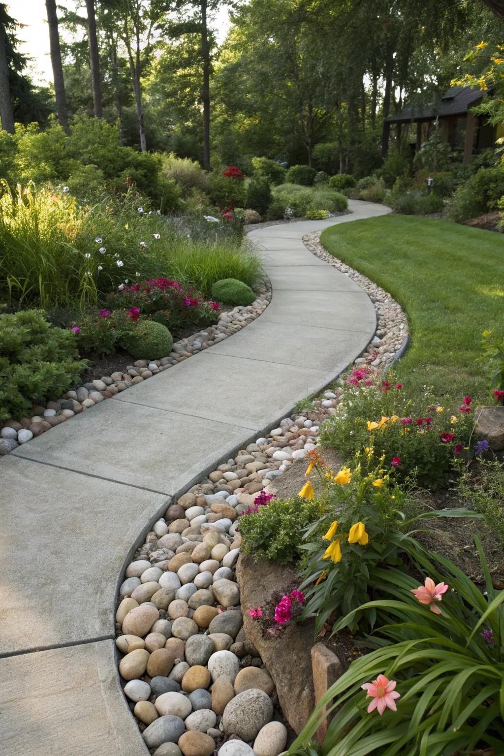 Concrete and stone edging adds a refined touch to pathways.