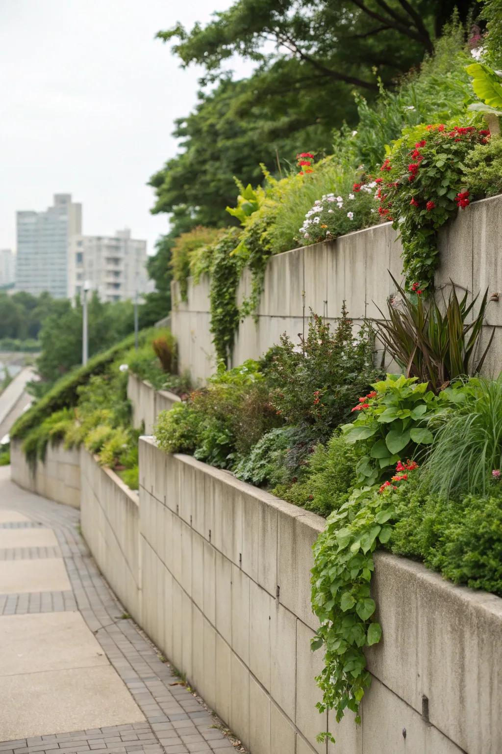 Integrated plant containers transform retaining structures into verdant exhibitions.