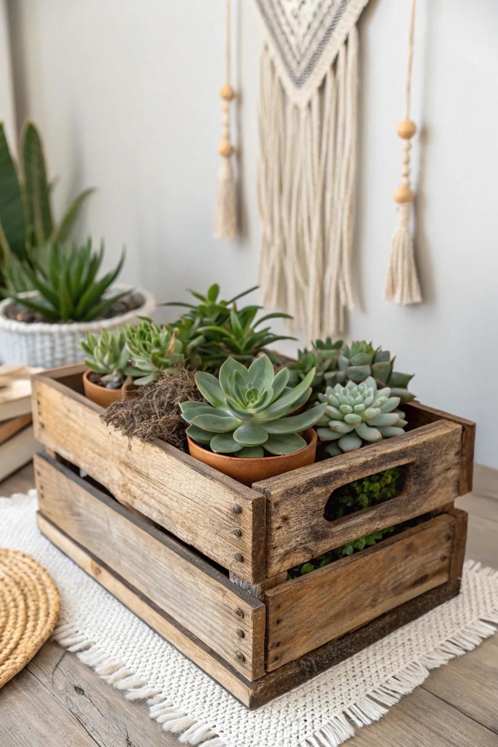 Transform old wooden crates into stunning succulent planters for a rustic, boho-chic vibe.