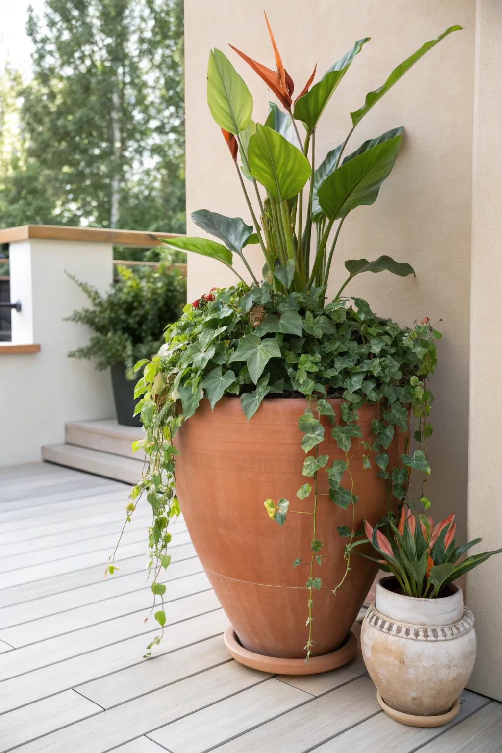 Elevate your garden with the elegance of canna lilies and cascading vines in a Scandinavian-inspired setting.