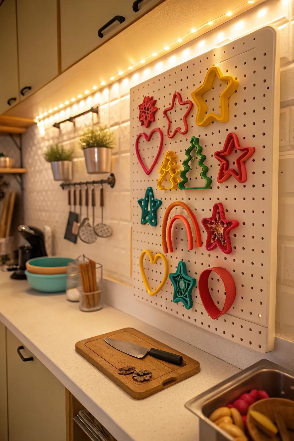 A pegboard showcasing a vibrant collection of cookie cutters.