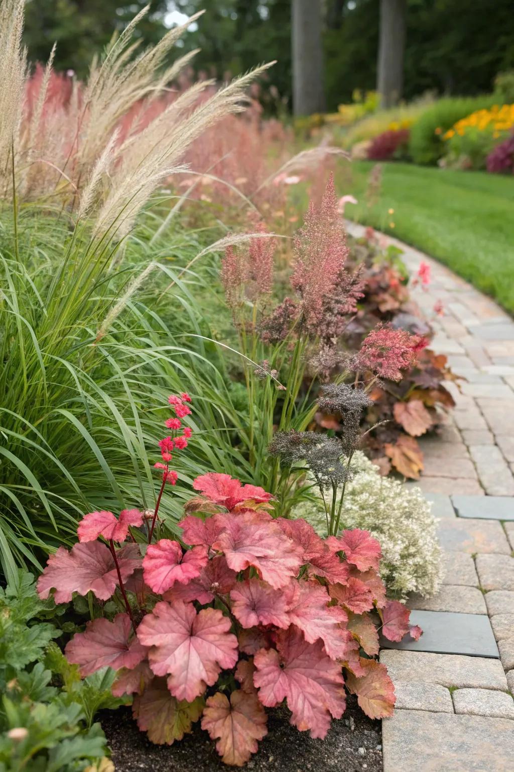 Coral bells paired with ornamental grasses create a dynamic garden display.