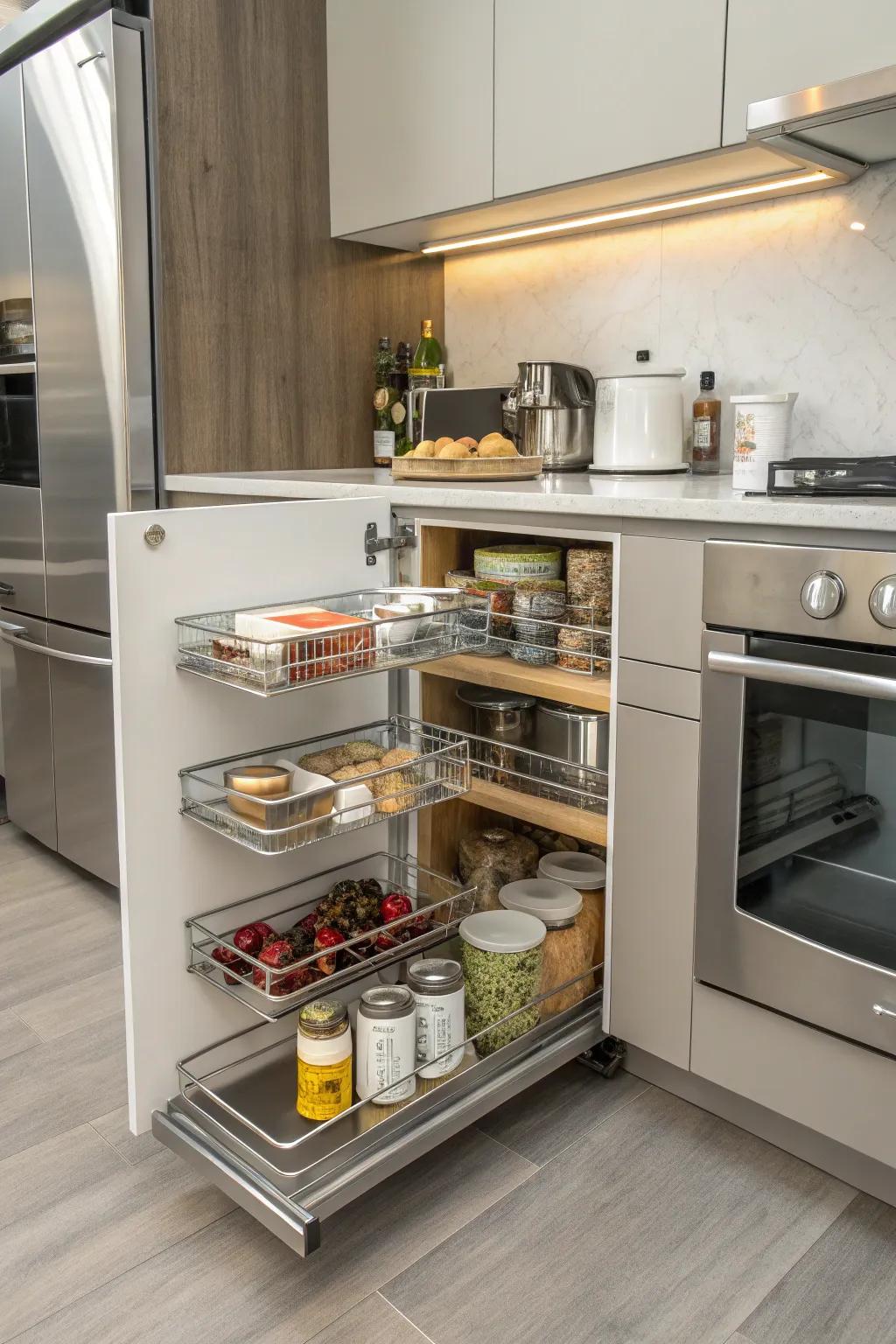 Swinging pull-outs offer a sleek solution for corner storage.