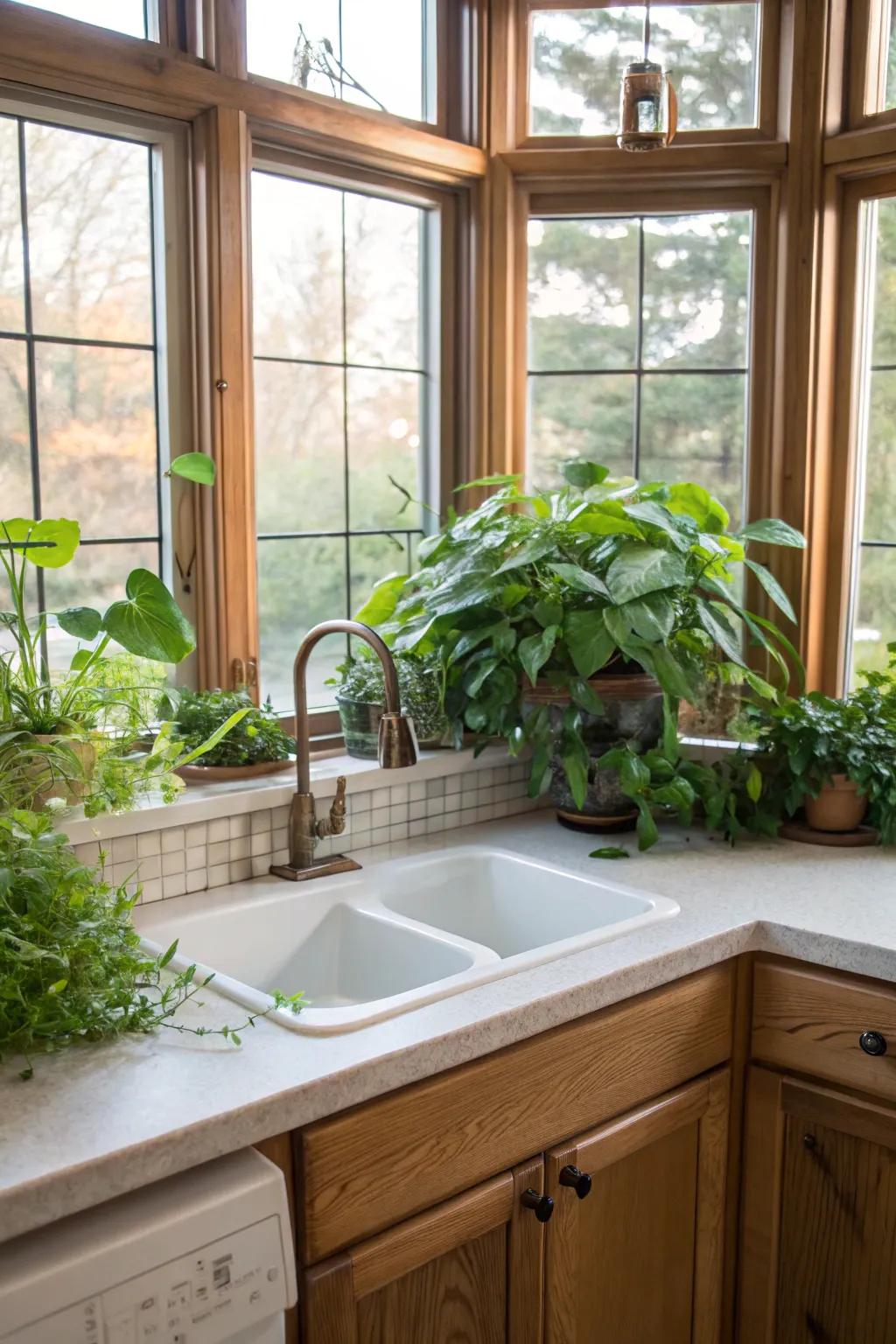 A kitchen corner sink under large windows, allowing natural light to enhance the space.