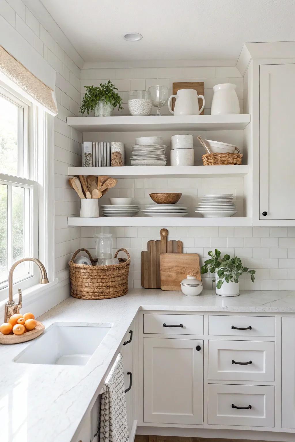 White shelves create a fresh and inviting kitchen space.