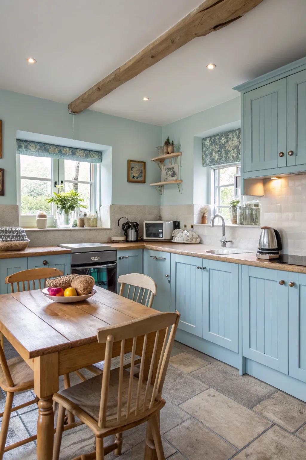 Pale sky blue cabinets create a delicate, inviting sensation in the cooking area.