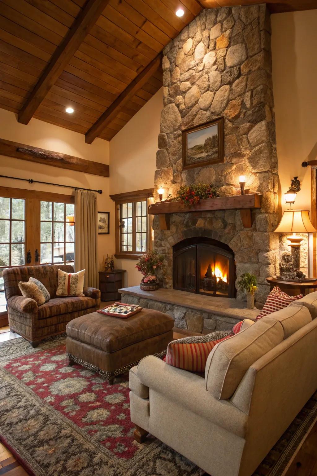 A large stone fireplace serves as the focal point of the cottage living room.