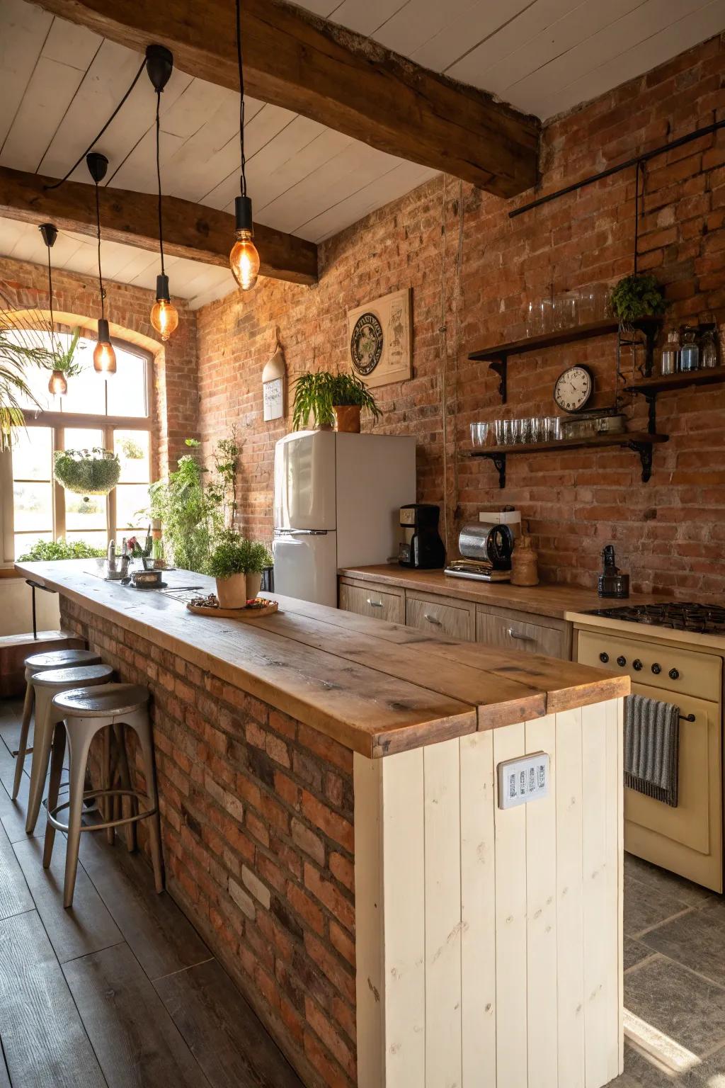 A rustic kitchen featuring a wooden countertop bar and exposed brick.