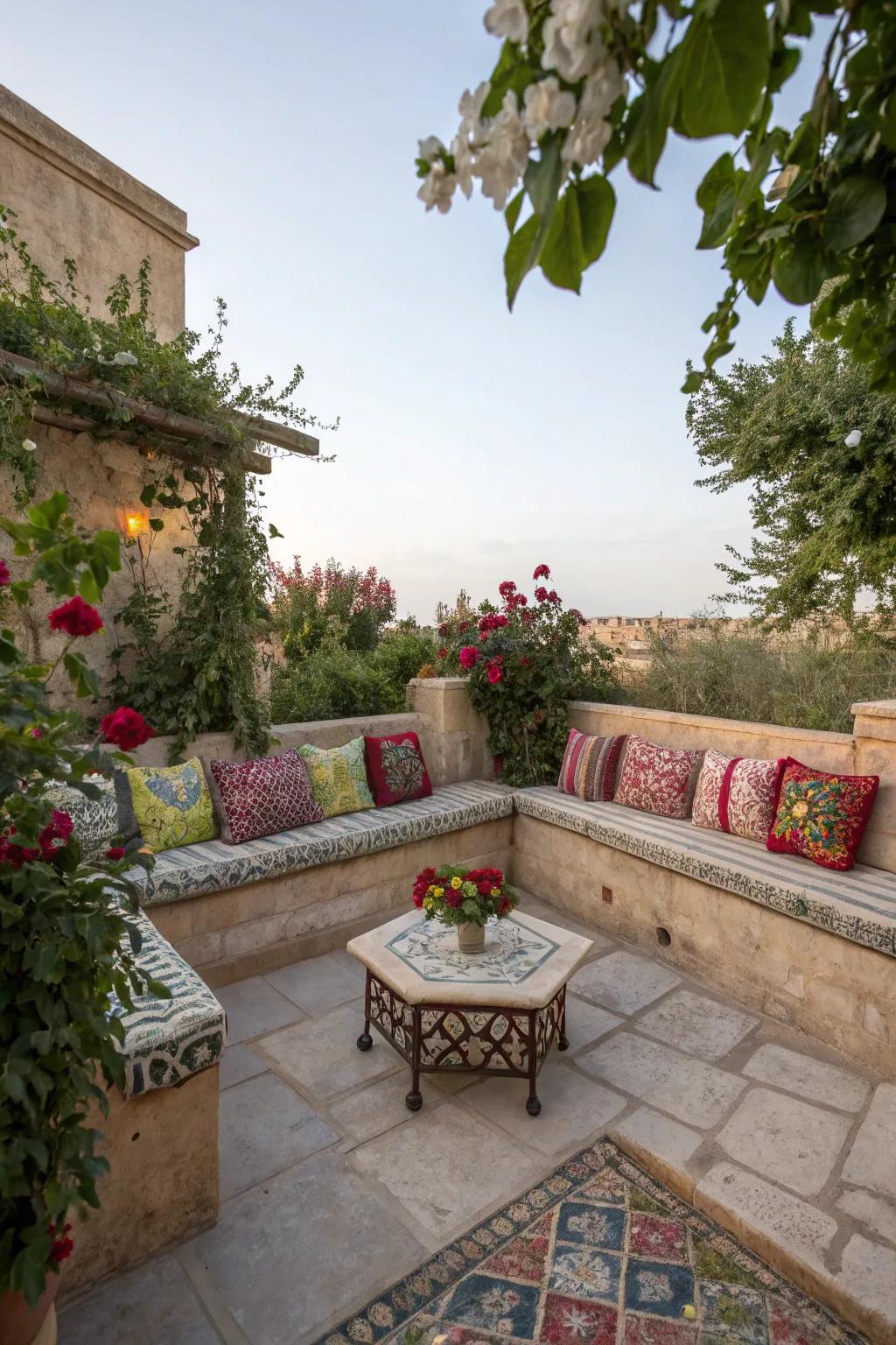 A cozy courtyard corner perfect for socializing or solitude.