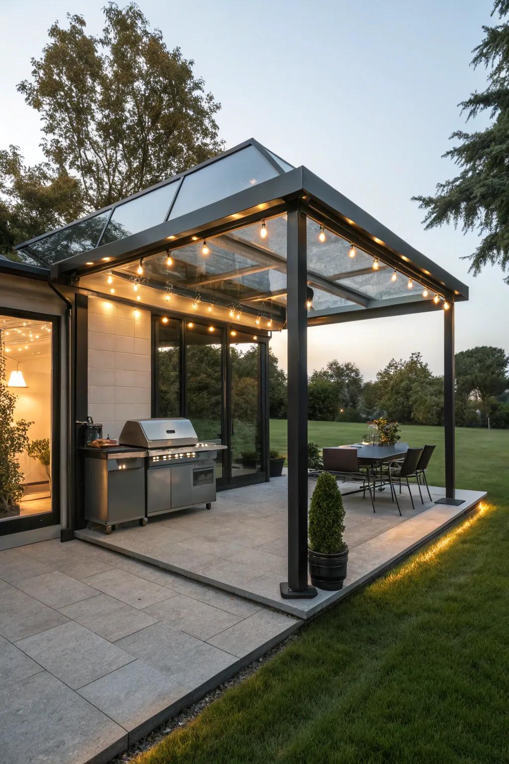 A modern gazebo with integrated LED lights illuminating the grill area.