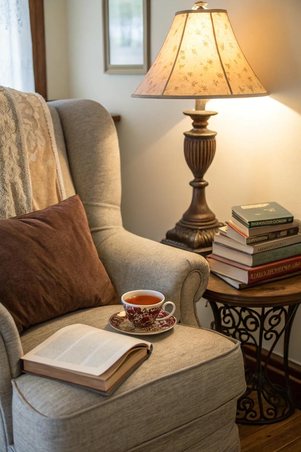 A plush armchair conjures up an atmosphere of relaxation, making it the perfect spot to relax and escape with a good book.
