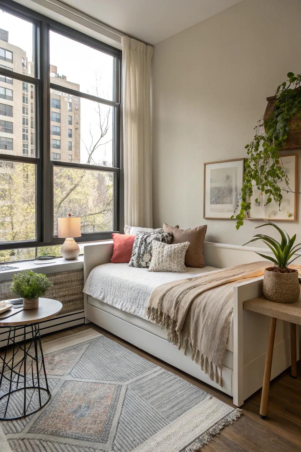 A daybed offering dual functionality in a small space.