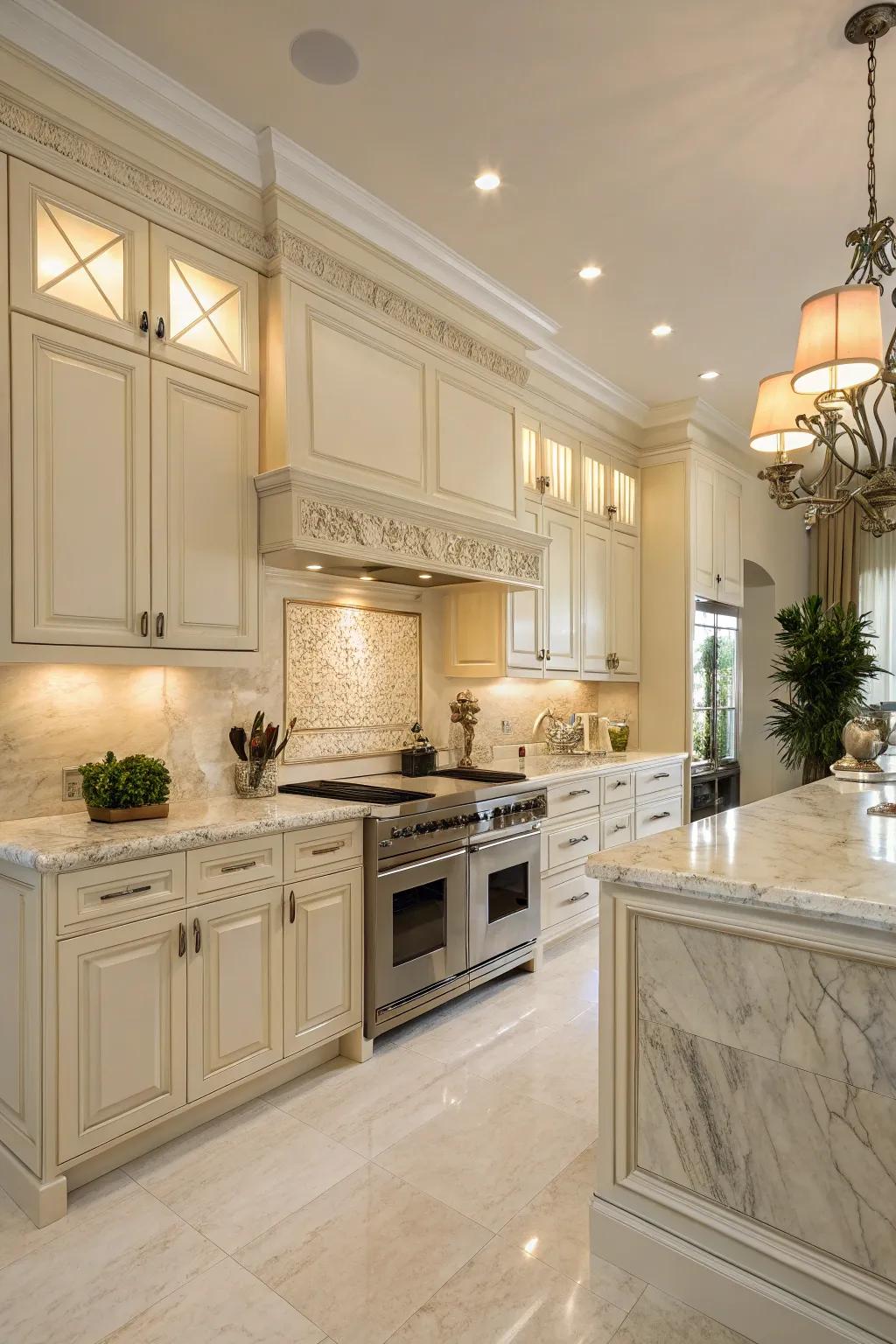 Stone countertops infuse elegance into cream kitchens.