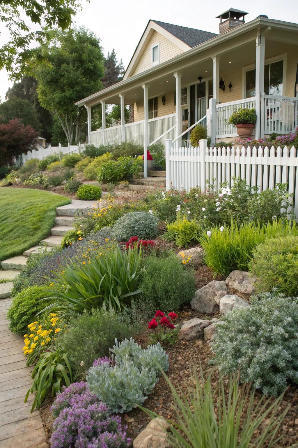 Layered plants create depth and visual interest.