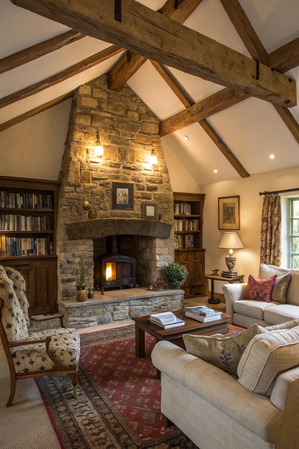 A rustic stone hearth that gives charm and heat to any living space.