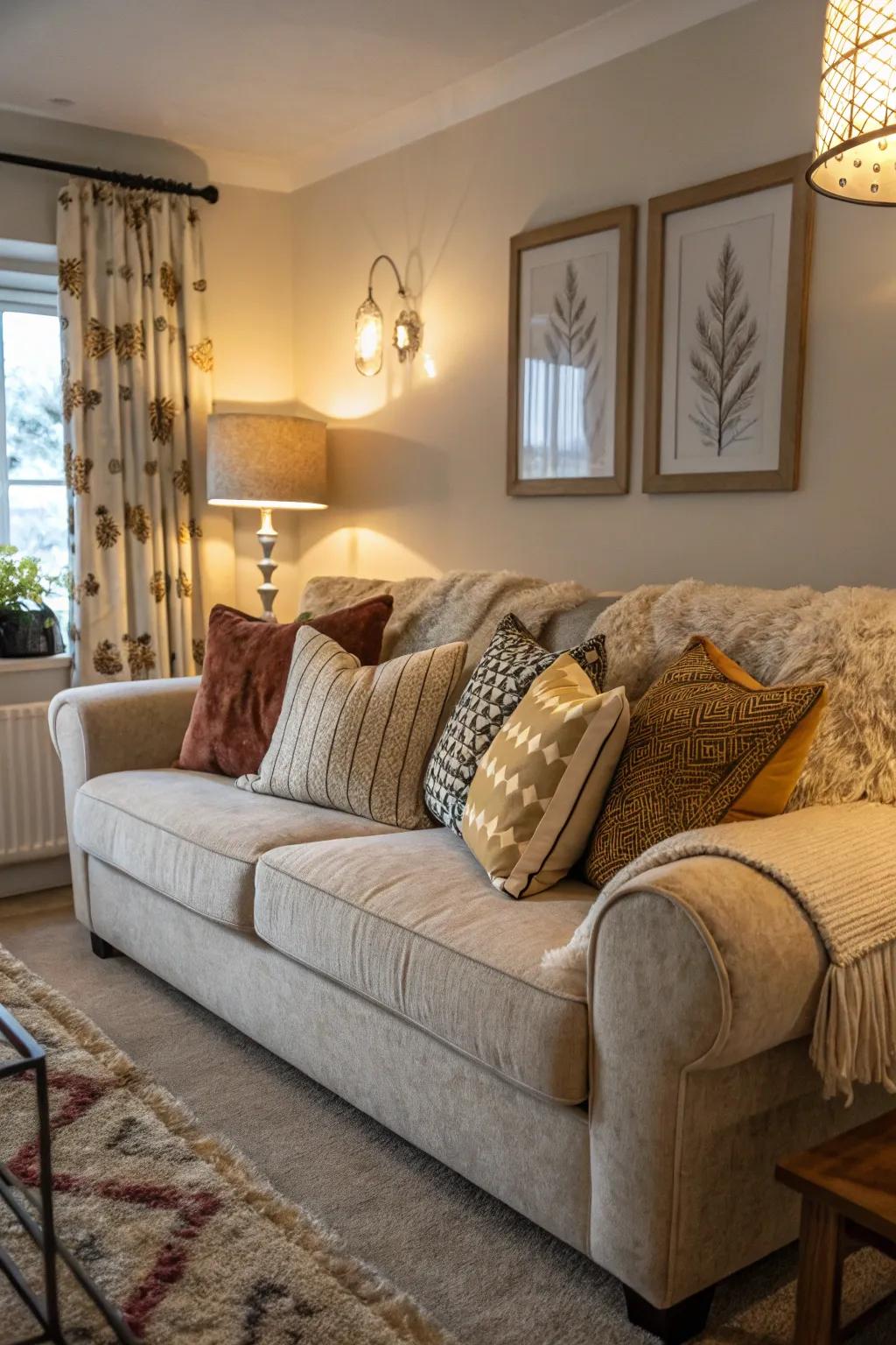 A plush sofa adorned with cozy throw pillows.