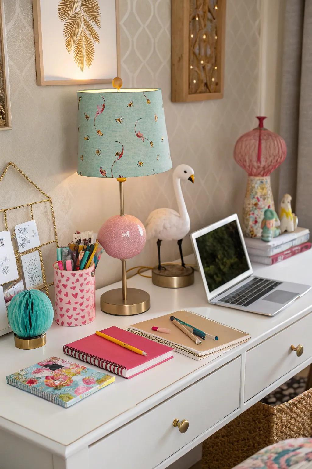 A desk with whimsical decor items creating a playful atmosphere.