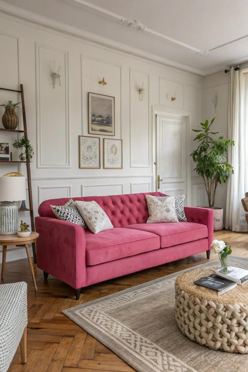 An audacious roseate sofa transforms into the key attraction within this fashionable living area.